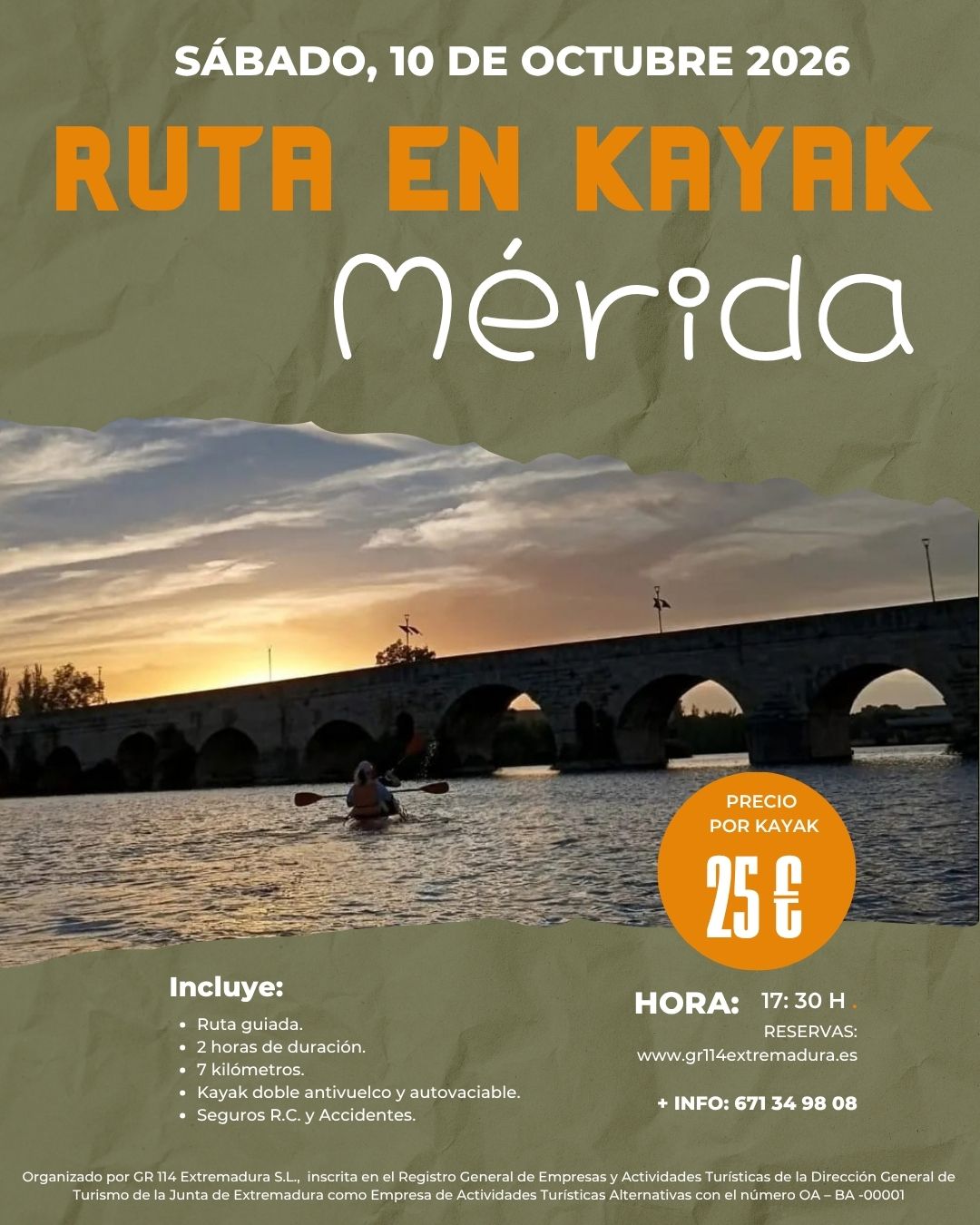 RUTA EN KAYAK - MÉRIDA - SÁBADO, 10 DE OCTUBRE 2026 - 17:30 H.